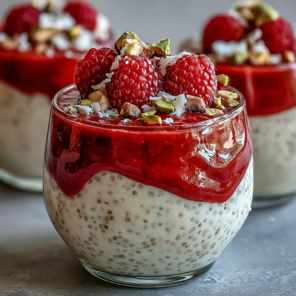 Four glasses of Vegan Raspberry Coconut Chia Parfaits with creamy layers, fresh raspberries, and mint, perfect for a healthy breakfast or dessert.