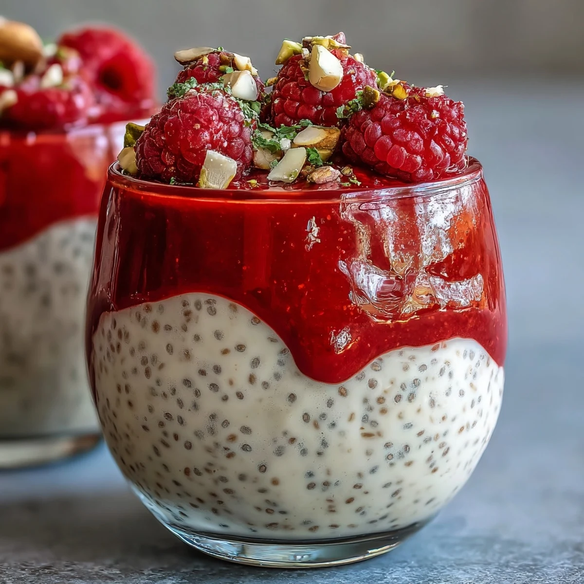 Close-up of Vegan Raspberry Coconut Chia Parfaits showcasing raspberry swirls, coconut flakes, and chopped pistachios, served in clear jars.