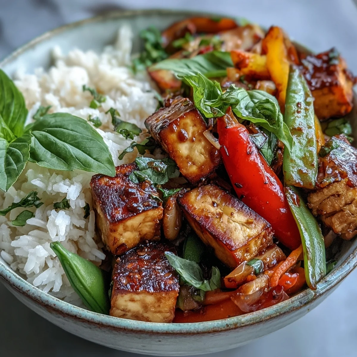 A close-up of crispy tofu and crisp snap peas glazes with a savory sauce, garnished with aromatic Thai basil leaves and lime wedges.