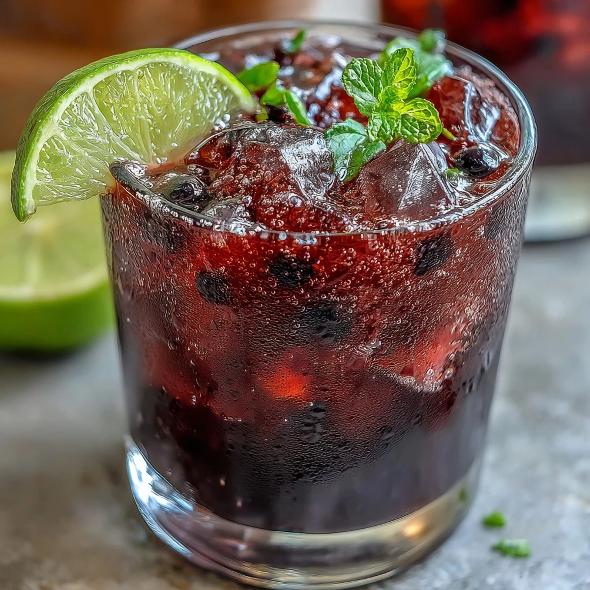 A tall glass of Black Currant Mojito garnished with fresh mint and lime wedges, filled with crushed ice for a refreshing summer cocktail.