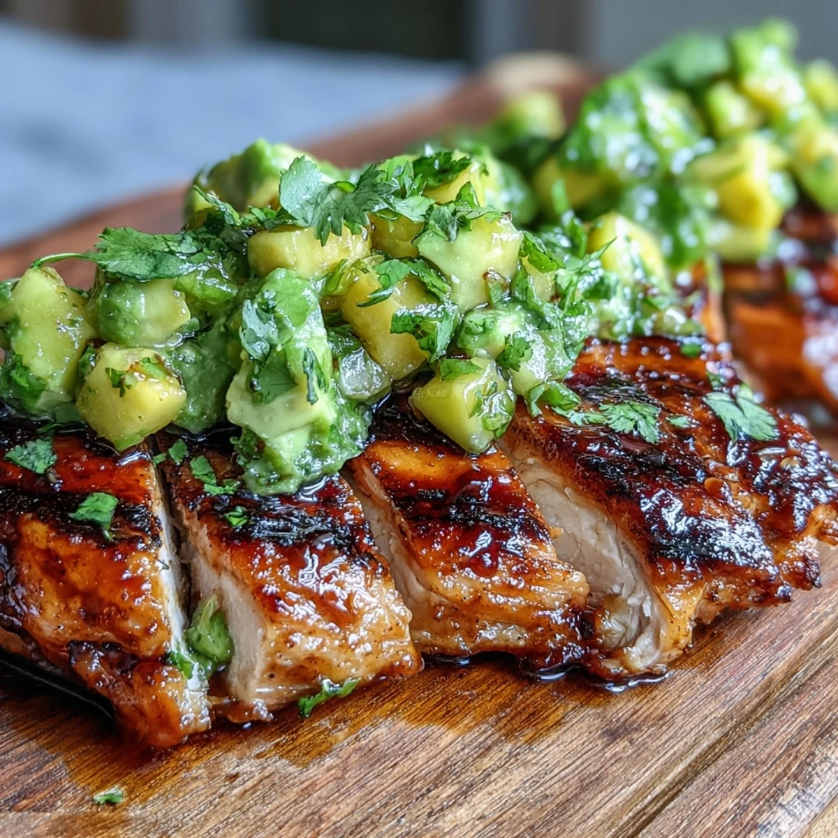 Freshly grilled chicken breasts sliced and topped with a colorful mango avocado salsa featuring red onion and cilantro.