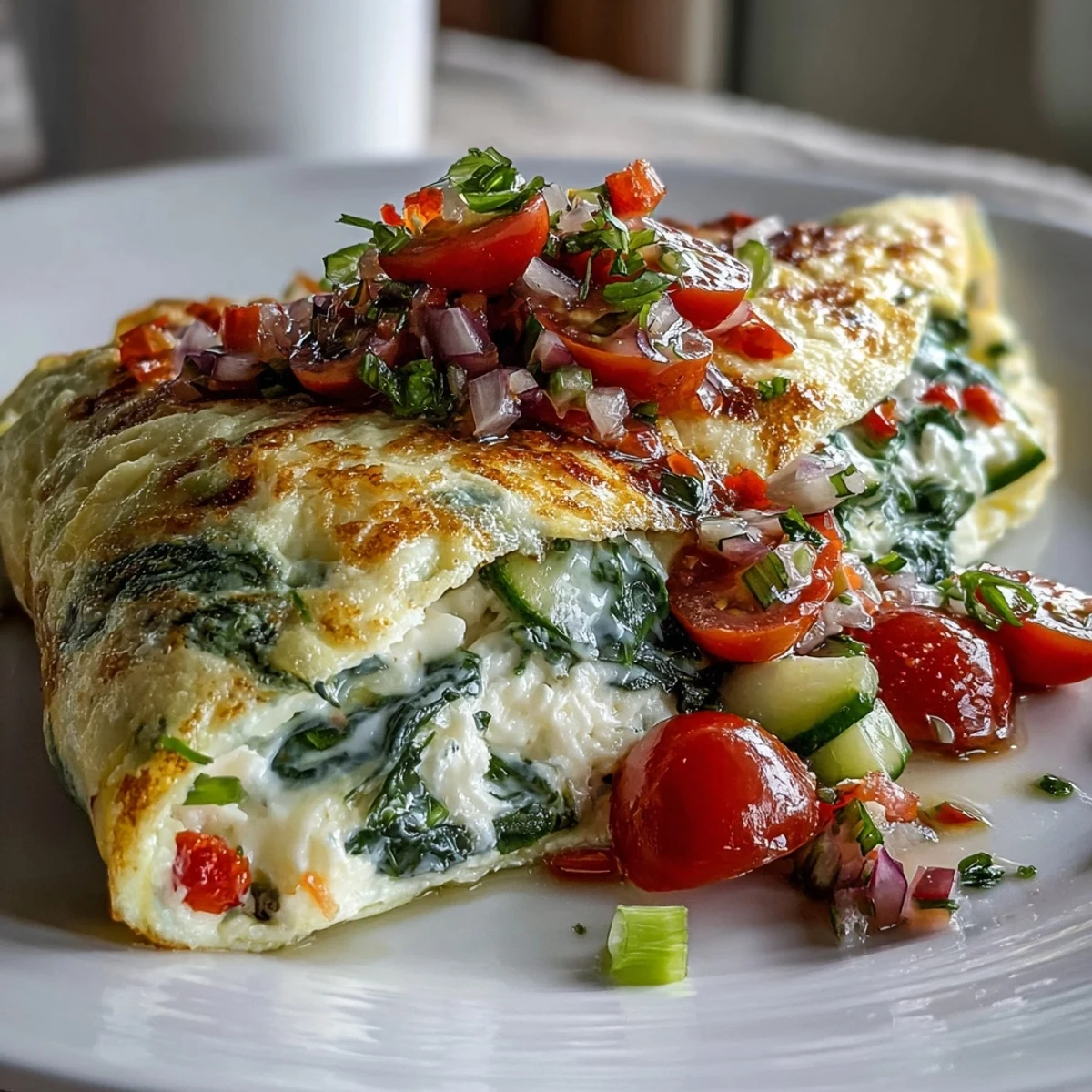 A close-up view of the Light Veggie Egg White Omelette with salsa, highlighting the tender spinach and diced red bell peppers.