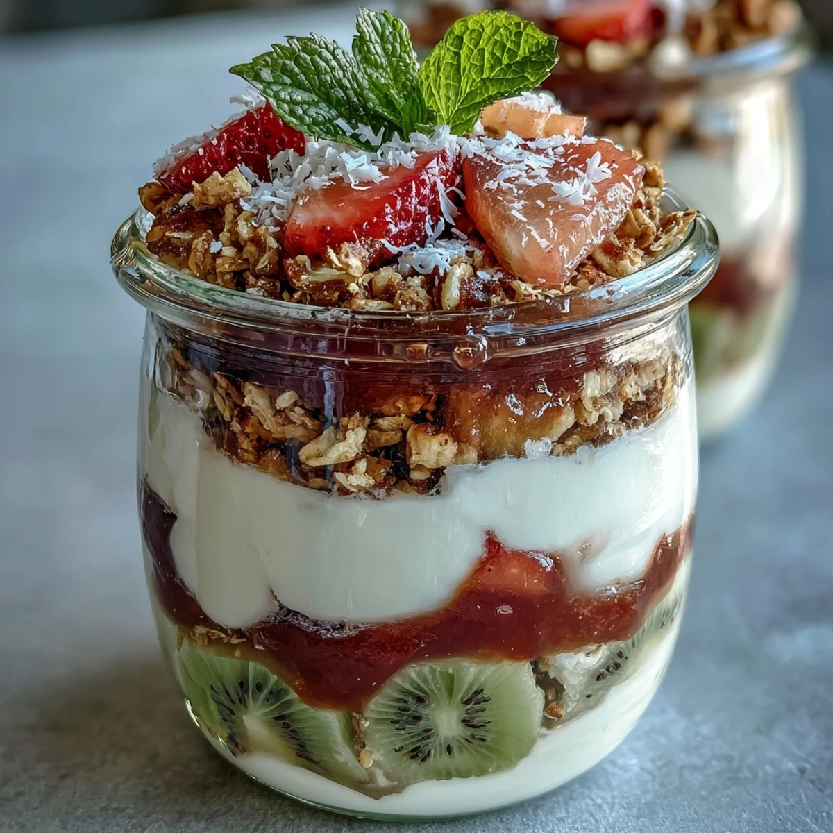 Vibrant guava-flavored yogurt parfait with layers of creamy Greek yogurt, sweet guava preserves, crunchy granola, and fresh fruit.