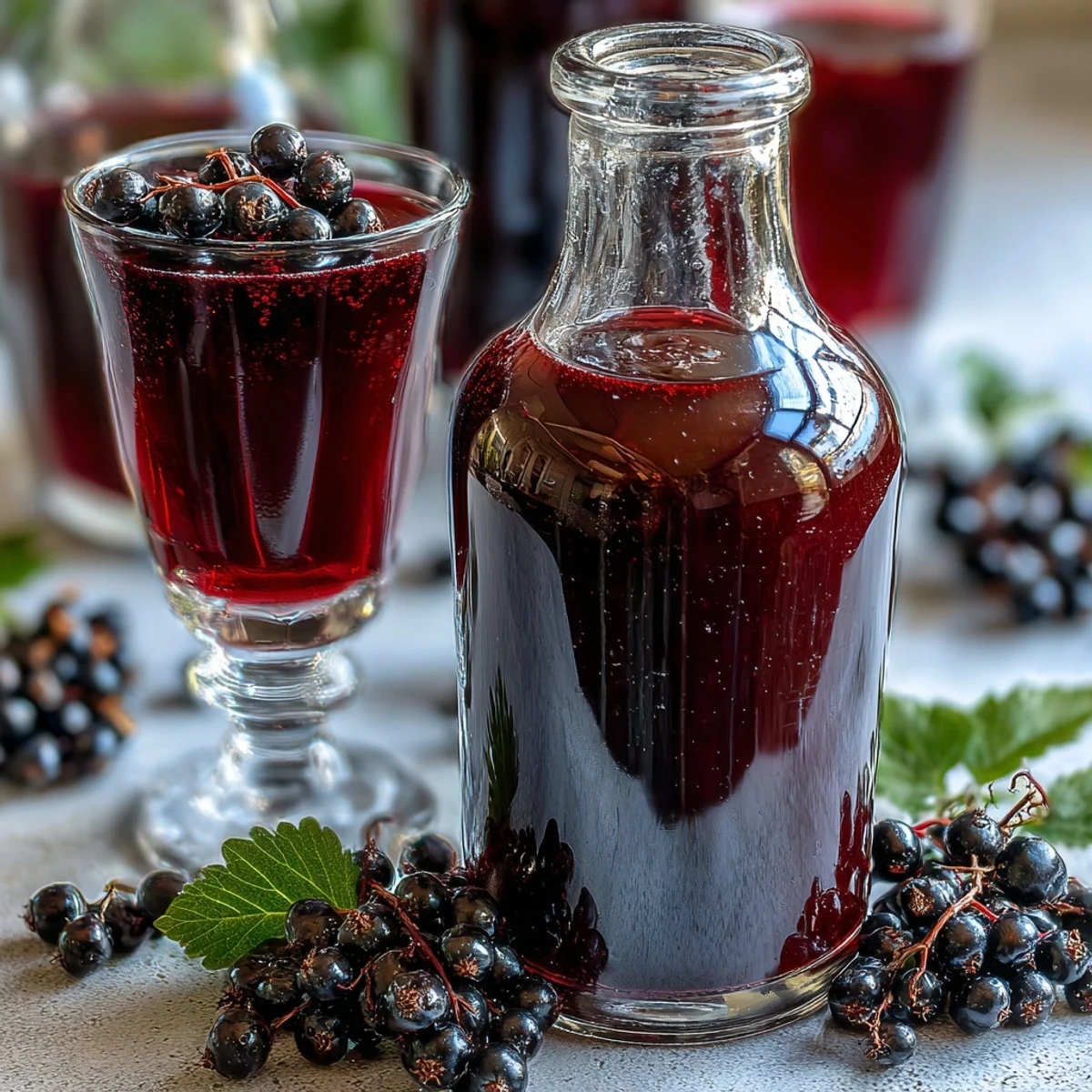 A glass bottle filled with vibrant purple blackcurrant vodka liqueur, garnished with fresh blackcurrants on a rustic wooden table.