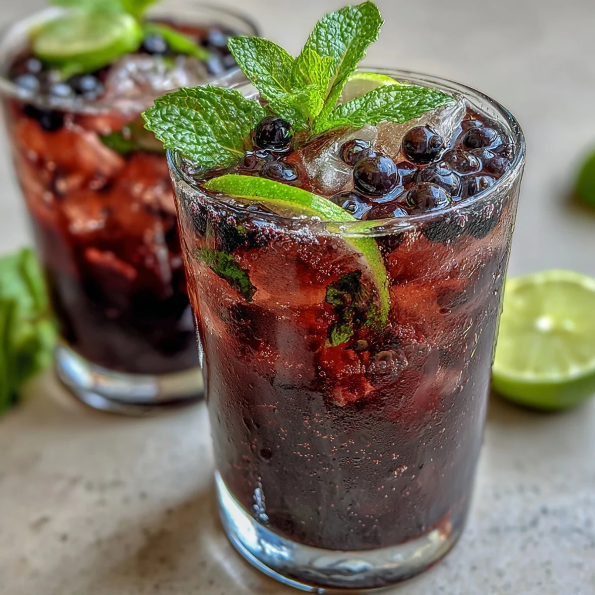 A vibrant glass of tangy blackcurrant mojito with muddled mint and lime, topped with fizzy soda water.  