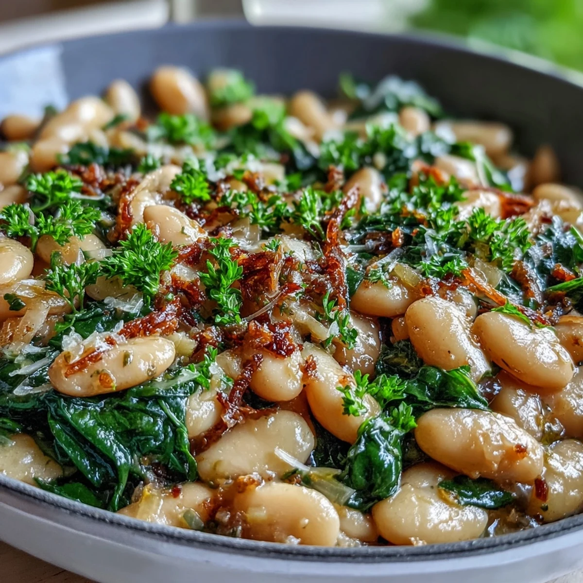 Creamy white beans and tender spinach simmer in a fragrant garlic-lemon sauce, topped with parsley for a healthy vegan meal.  