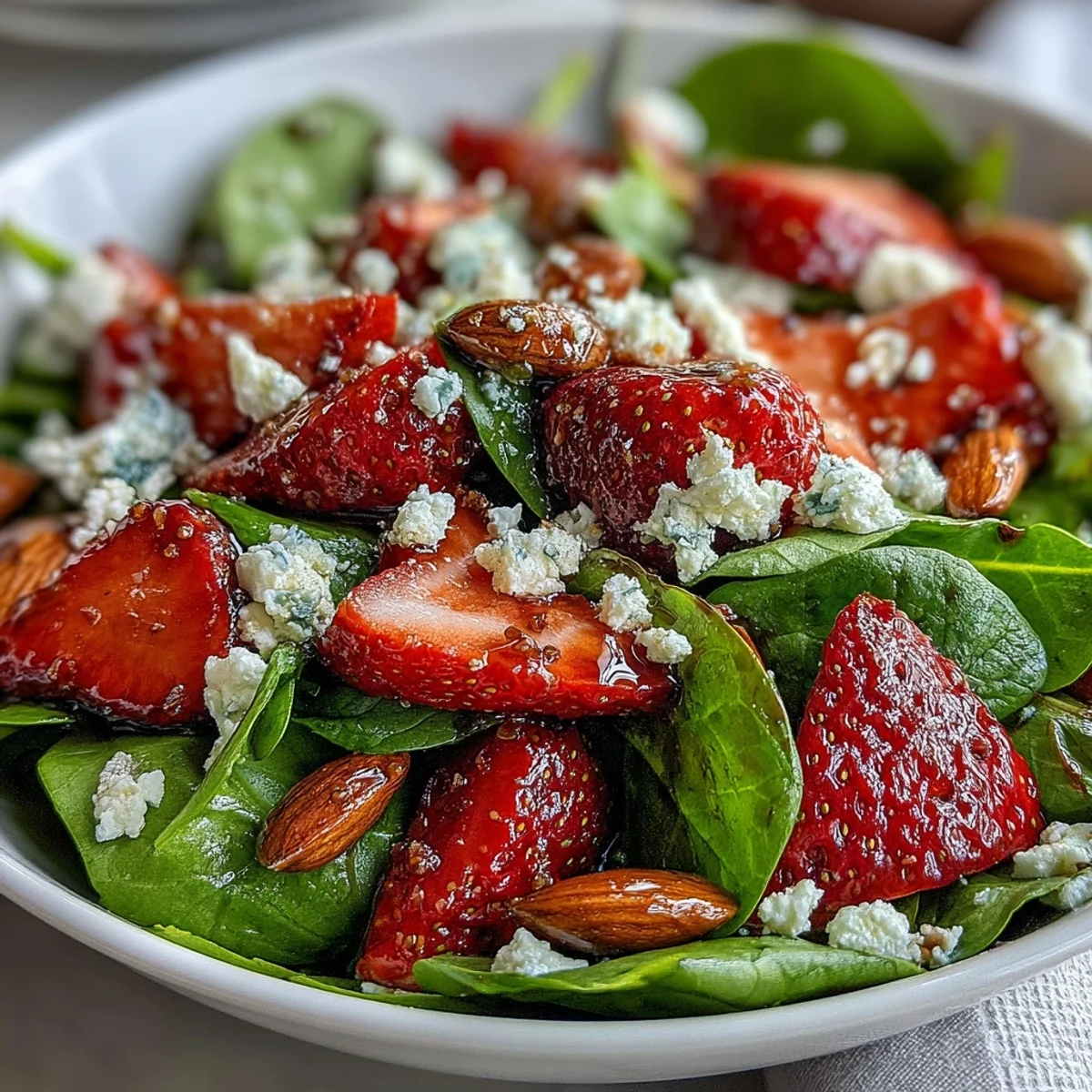 Fresh strawberry spinach salad with feta and toasted almonds, bursting with sweet berries and creamy cheese in a vibrant bowl.