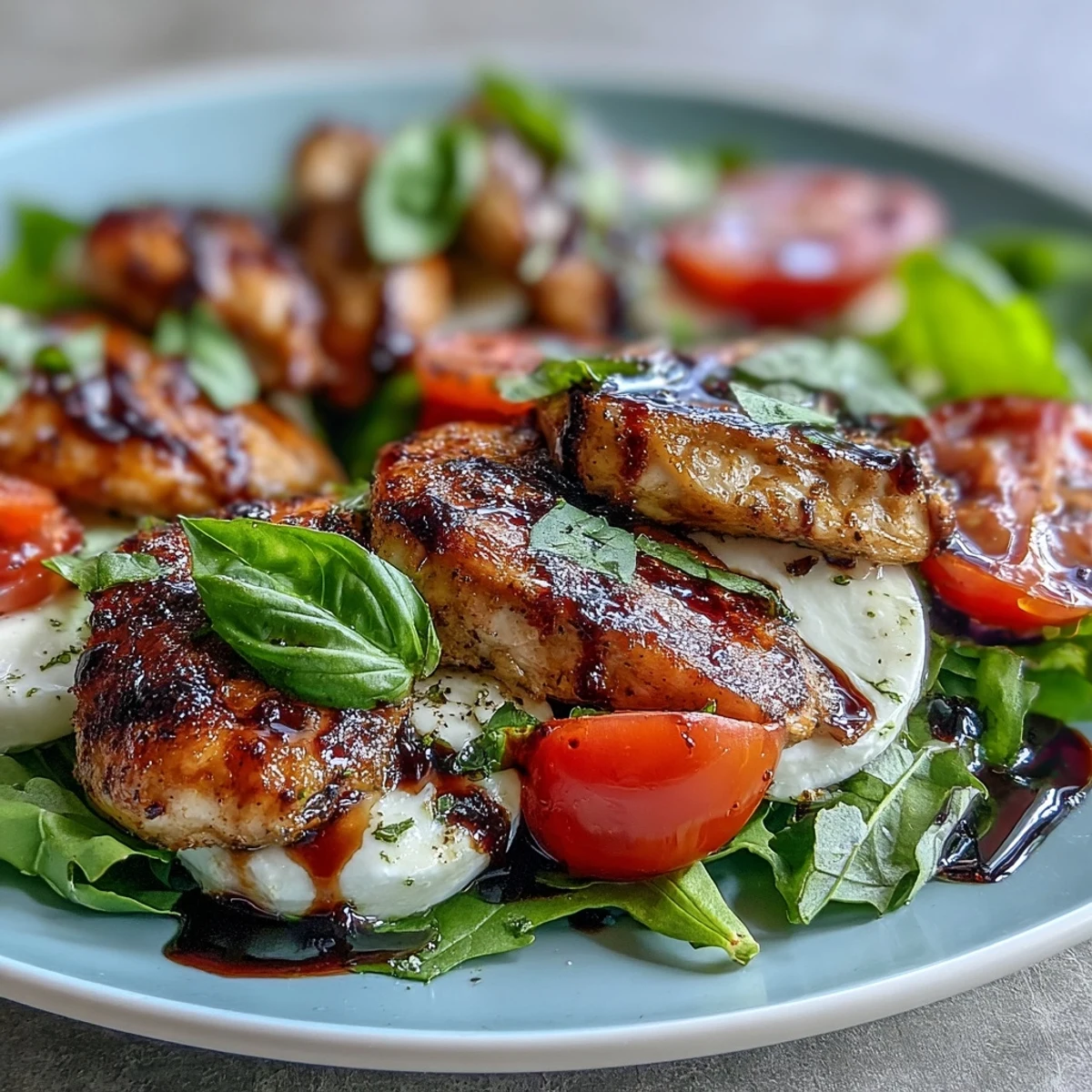 Fresh grilled chicken Caprese salad with ripe tomatoes, mozzarella, basil, and balsamic glaze on greens.  