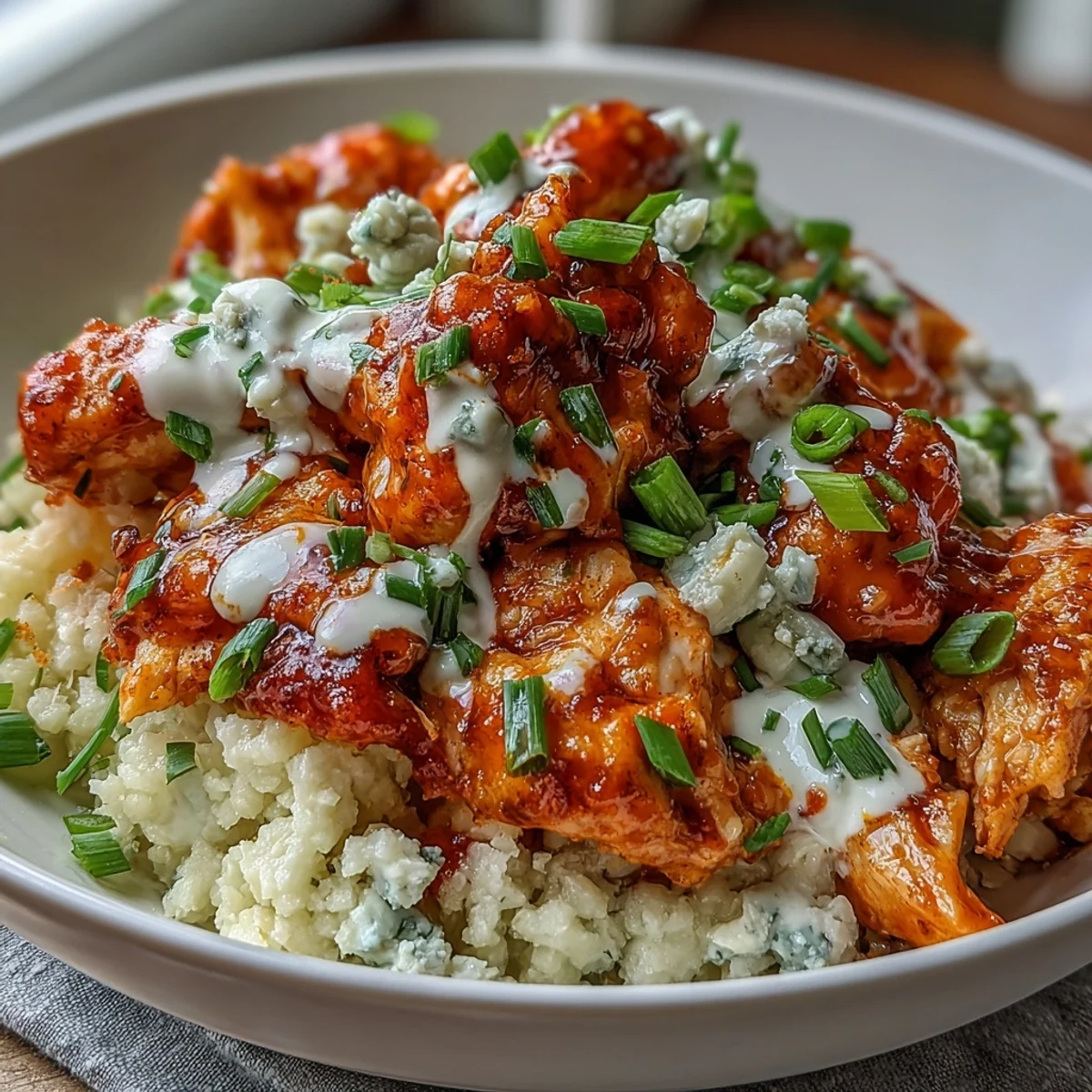 Hearty buffalo chicken cauliflower rice bowl with fresh veggies, zesty ranch, and a spicy keto-friendly kick.