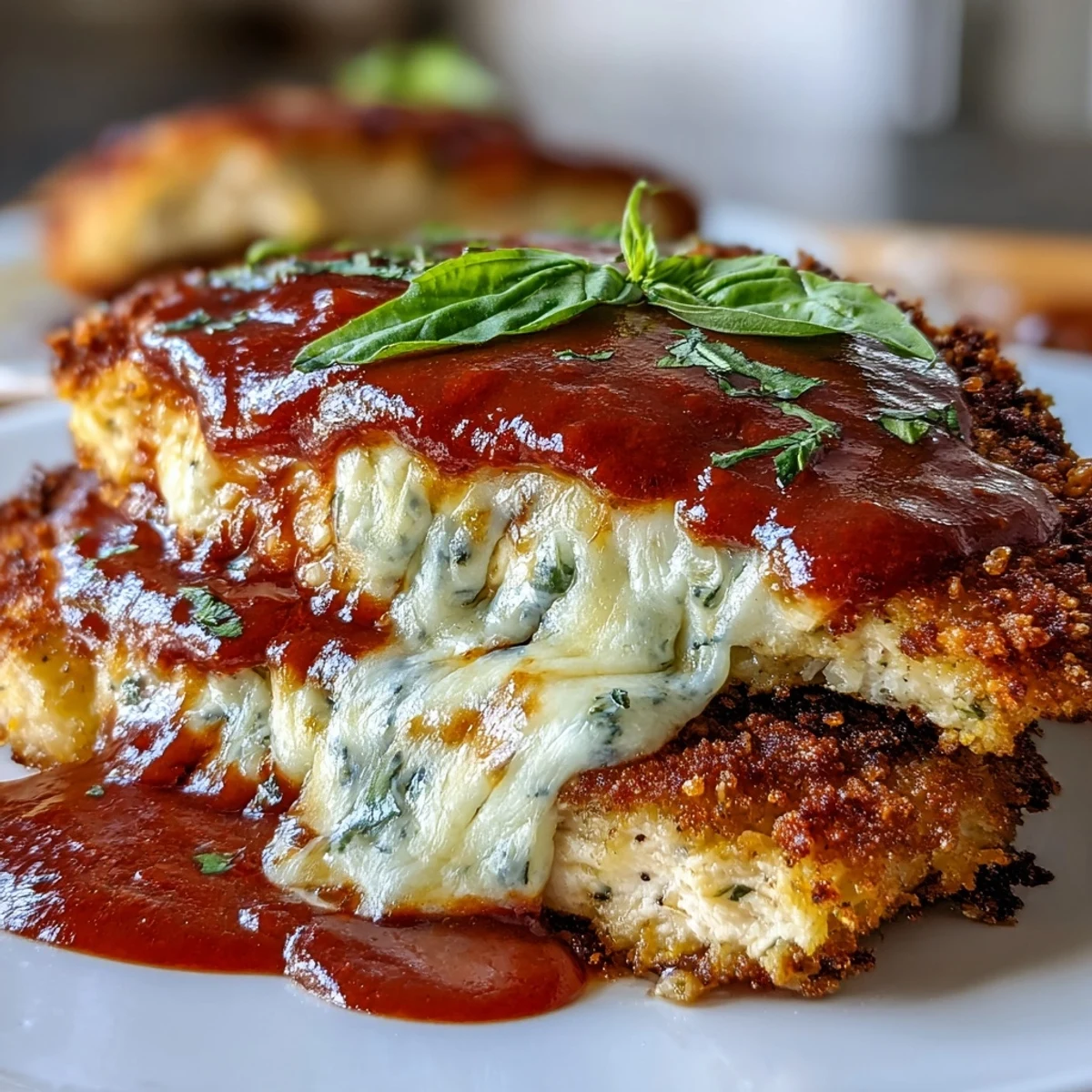 A healthy baked chicken Parmesan served over fresh zucchini noodles, topped with marinara and melted mozzarella cheese.
