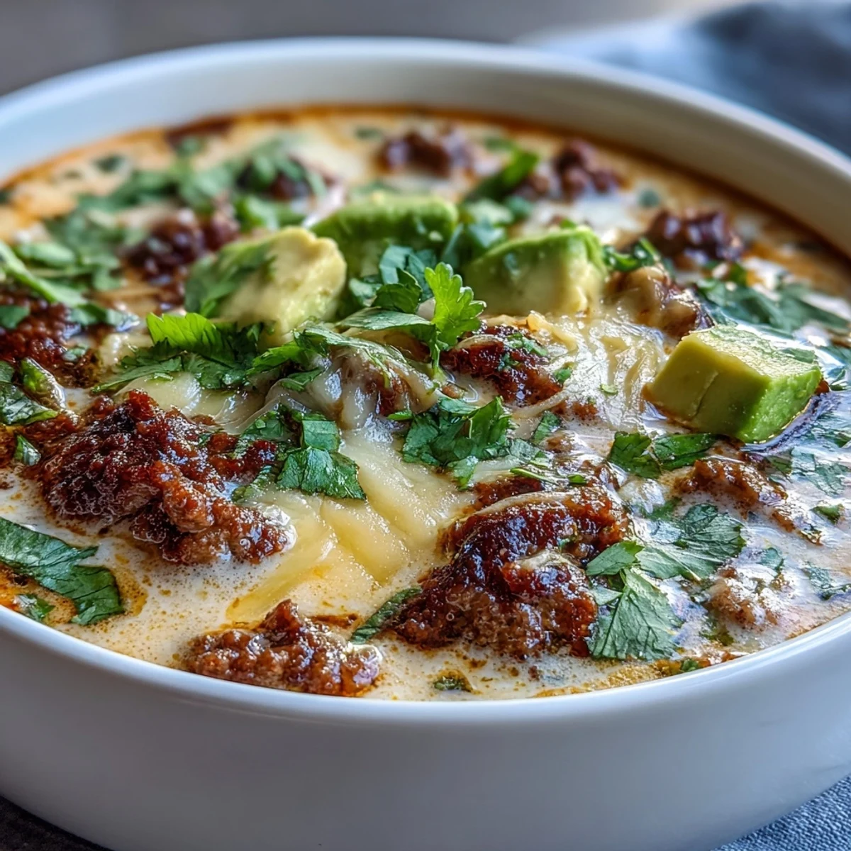 Savory ground beef taco soup topped with melty cheese and fresh avocado slices.  