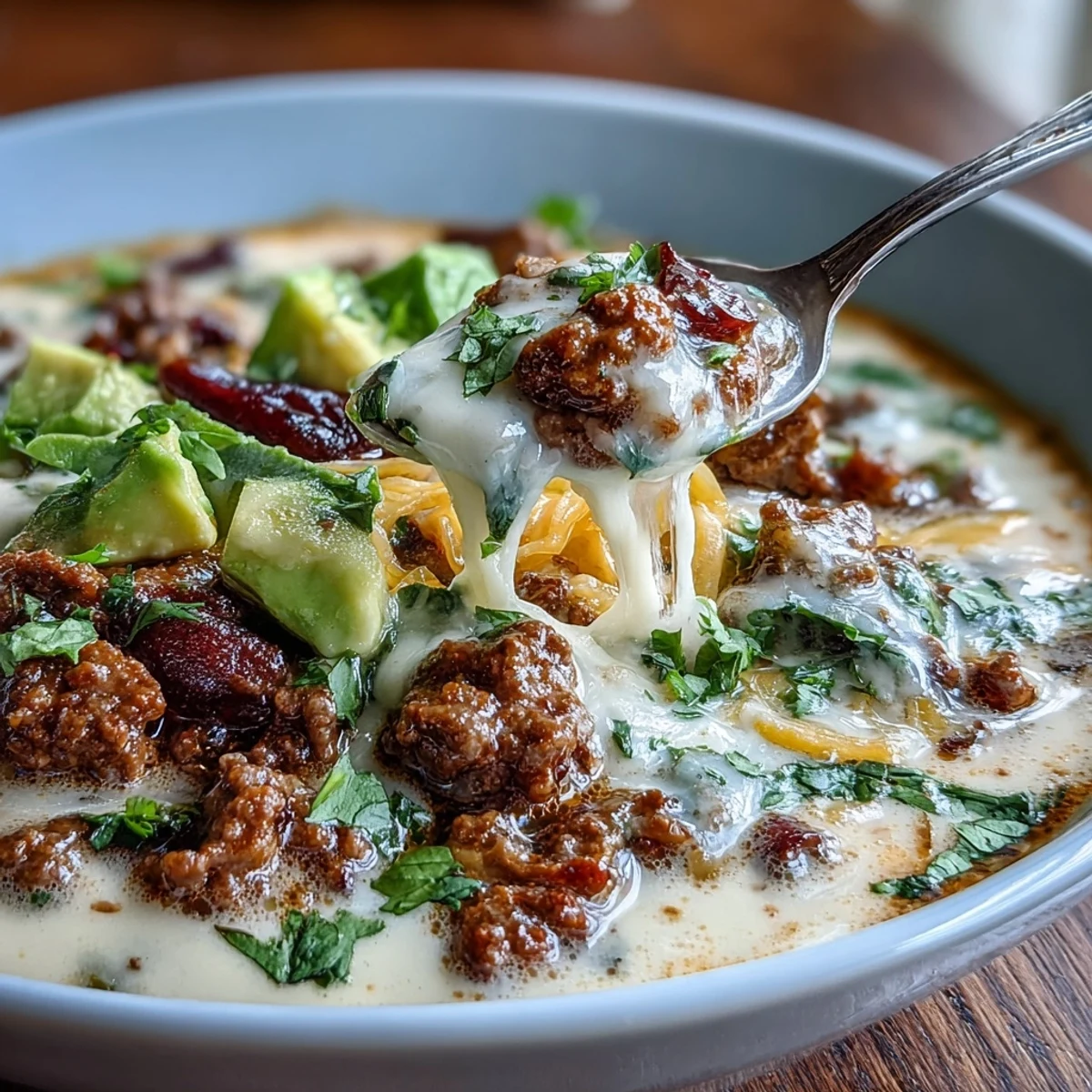 Hearty keto taco soup featuring seasoned beef, rich cheese, and creamy avocado garnish.
