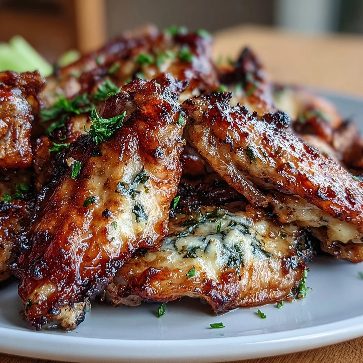 Crispy oven-roasted chicken wings glazed with rich garlic parmesan butter, served alongside crunchy celery sticks and creamy ranch dressing for a satisfying keto-friendly meal.