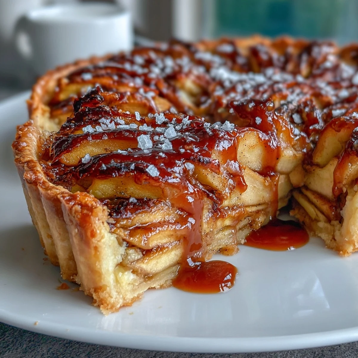 Warm, tender apples nestled in flaky pastry, finished with glossy salted caramel and a sprinkle of sea salt.  