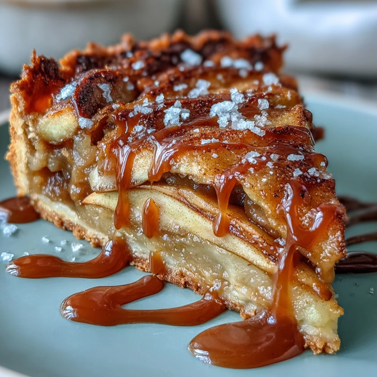 Decadent apple tart with cinnamon-spiced filling, golden crust, and swirls of homemade salted caramel topping.