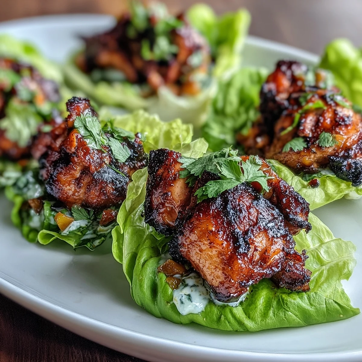 Fresh jerk chicken lettuce cups filled with spicy chicken, sweet mango salsa, and creamy coconut crema for a tropical, healthy meal.  