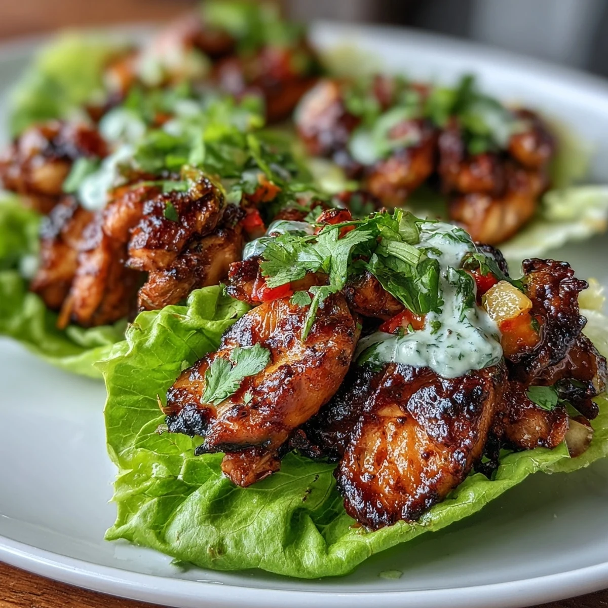 Vibrant jerk chicken lettuce wraps topped with zesty mango salsa and tangy coconut crema, perfect for a light Caribbean-inspired dish.  