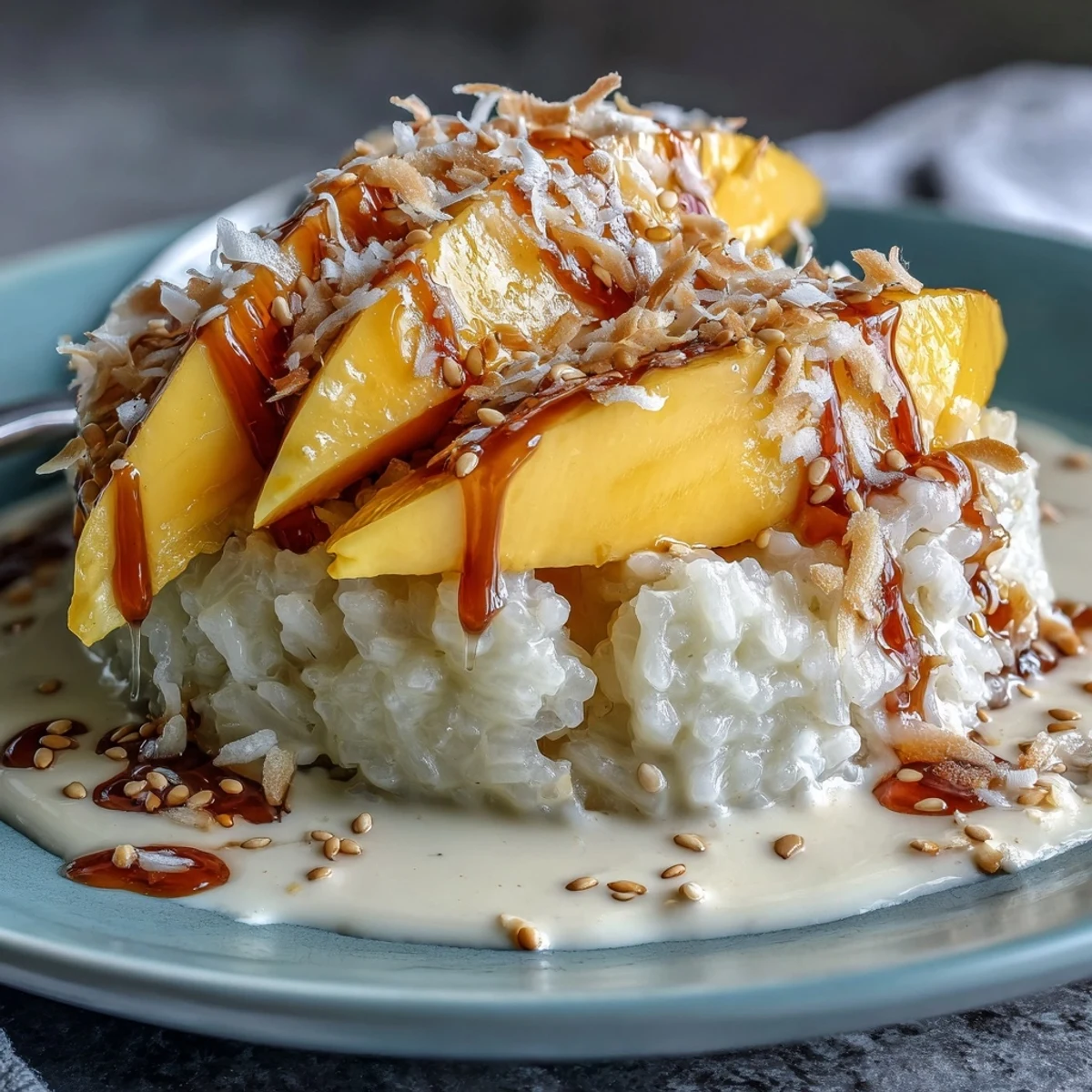 Creamy coconut milk-soaked sticky rice served with sweet, ripe mango for an authentic Thai dessert experience.  