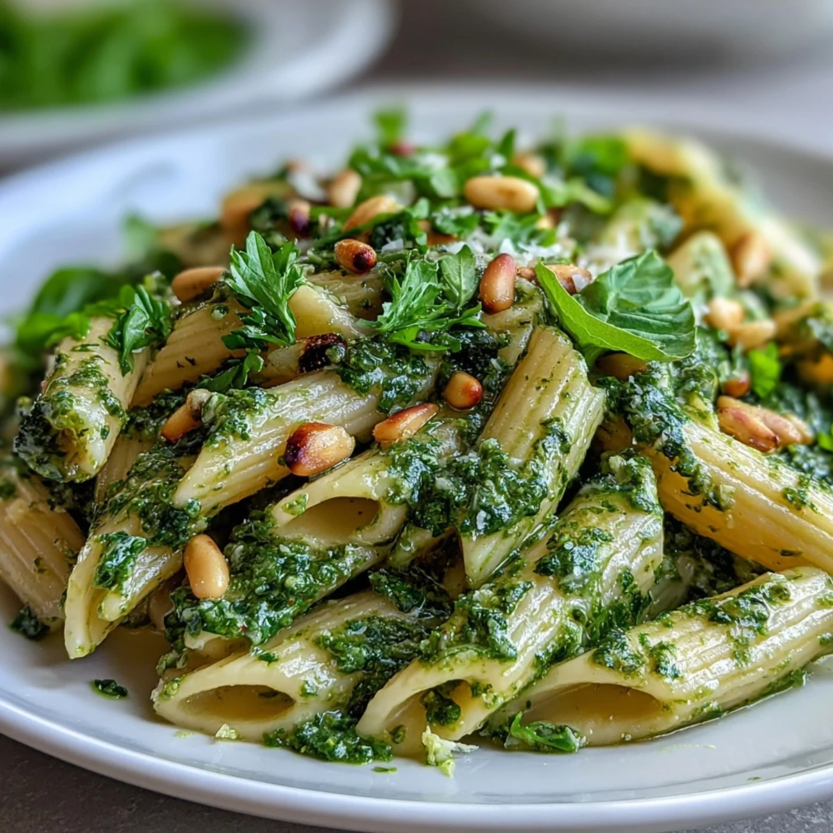 Creamy pesto pasta with fresh basil and toasted pine nuts in a light cream cheese sauce, garnished with Parmesan.  