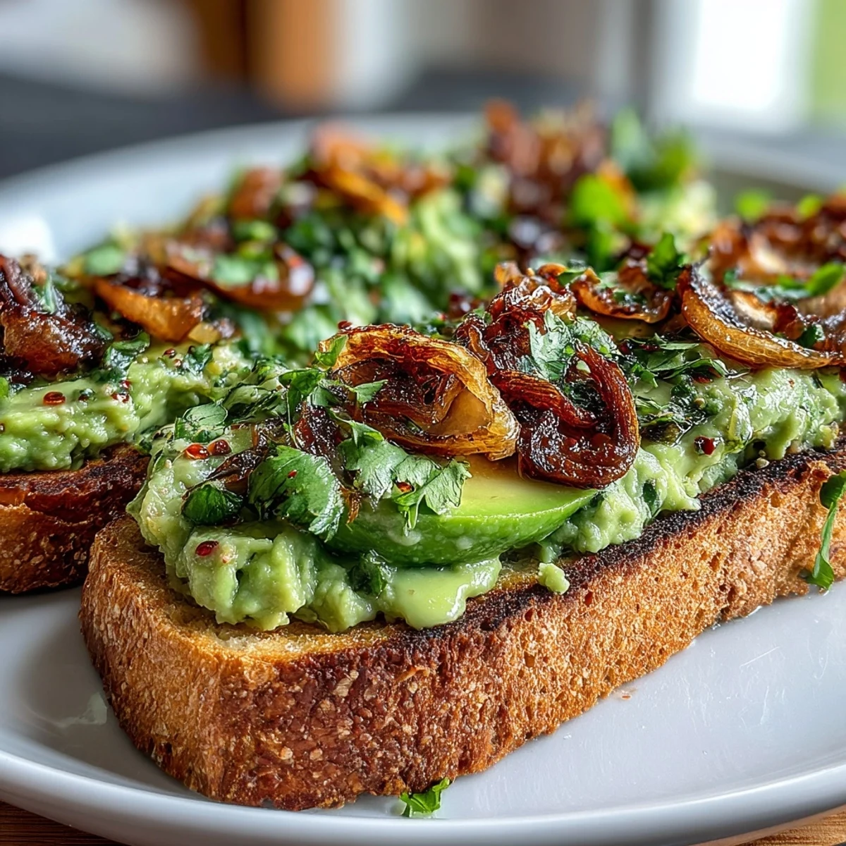 Zesty chilli-lime avocado toast on golden sourdough, topped with creamy avocado and crunchy crispy shallots for bold flavor.