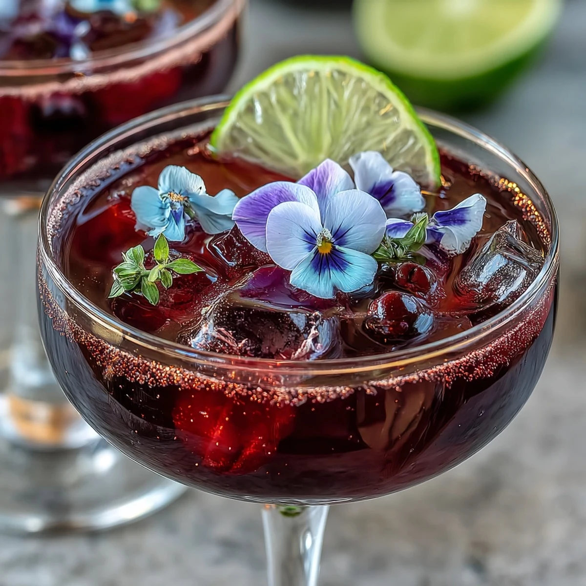A refreshing black currant gin cocktail with vibrant purple hue, garnished with lime wheel and edible flowers.