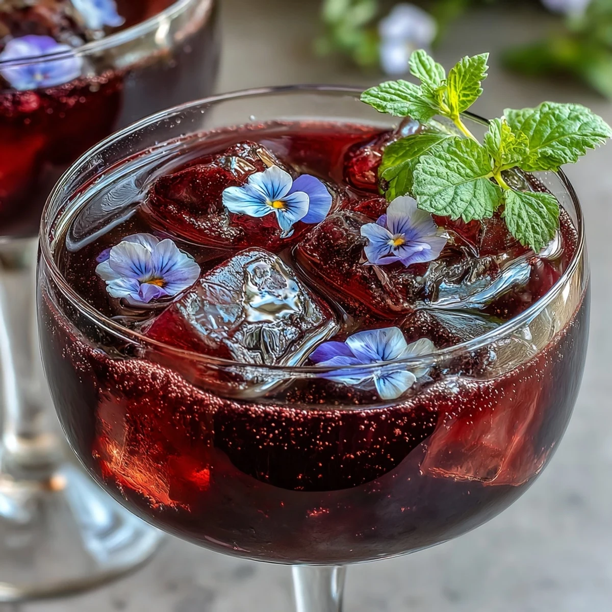 Chilled black currant gin cocktail with fresh lime juice, topped with soda water and floral garnish.