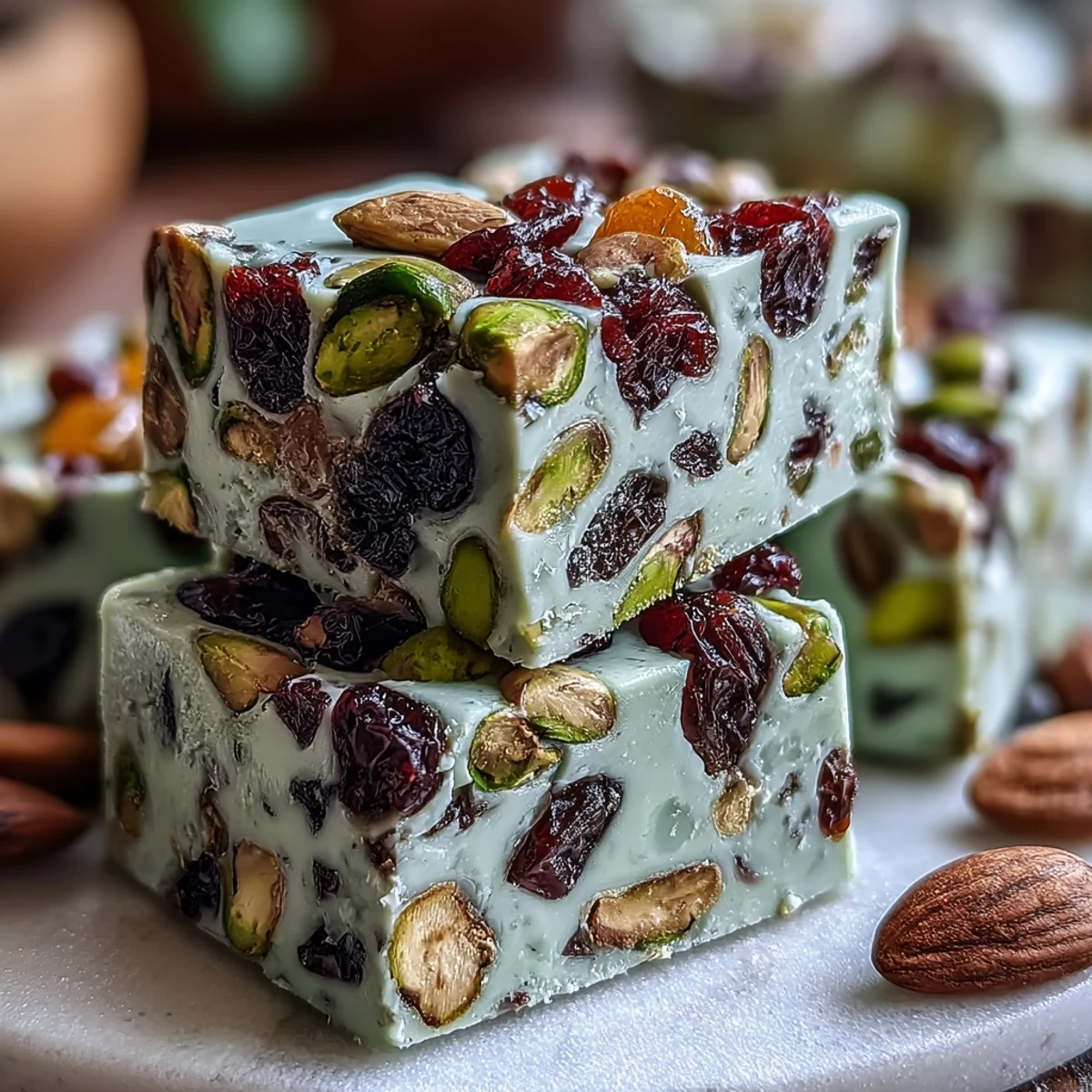 A Mediterranean-inspired pistachio nougat with honey and mixed dried fruits, ideal for pairing with espresso or dessert wine.