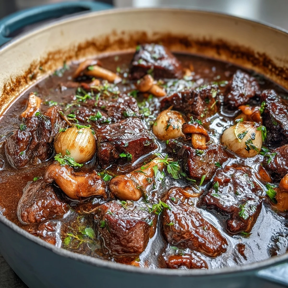 Hearty Wild Mushroom Beef Bourguignon with tender beef, wild mushrooms, and pearl onions in a rich red wine sauce.  