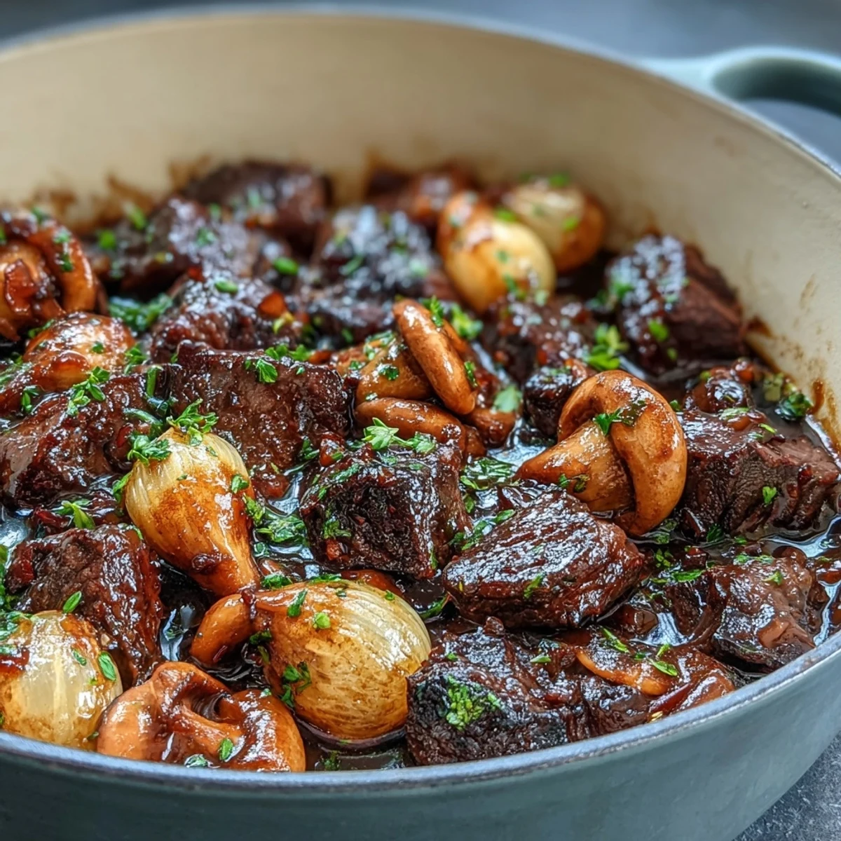 Classic French Wild Mushroom Beef Bourguignon featuring succulent beef, wild mushrooms, and a glossy red wine sauce.