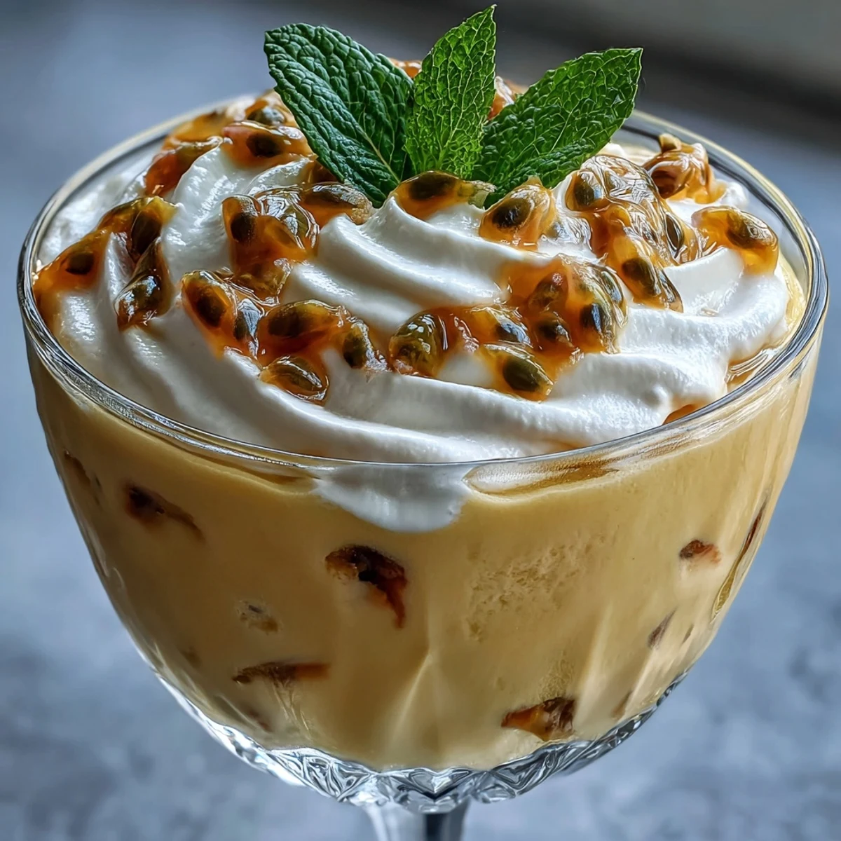 Creamy passionfruit mousse with fresh pulp and mint garnish, served in elegant glasses.  