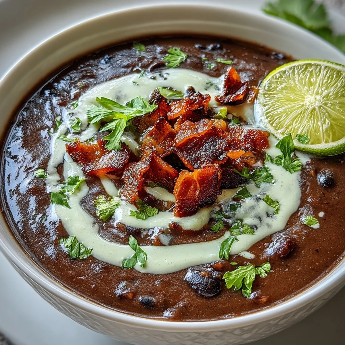 Velvety black bean soup with crispy bacon and tangy lime crema, served in a bowl with fresh cilantro and lime wedges.