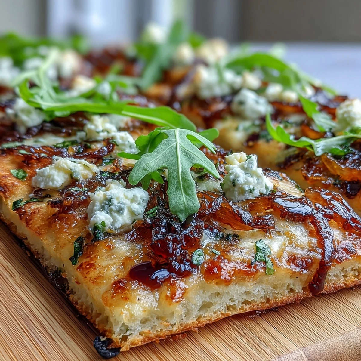 Caramelized Onion Flatbread Pizza with Arugula and Balsamic—golden crust layered with sweet onions, creamy cheese, and peppery greens, finished with a balsamic drizzle.