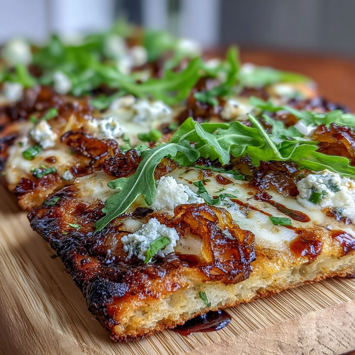 Sweet caramelized onions, melted mozzarella, and fresh arugula atop a golden flatbread pizza, drizzled with balsamic for a gourmet vegetarian dish.