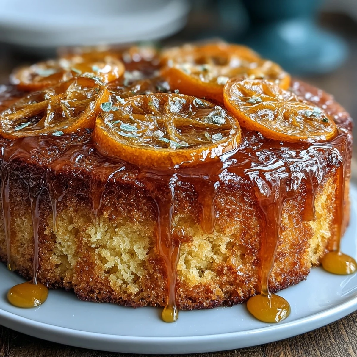 Elegant citrus-glazed olive oil cake with tender candied orange slices, a Mediterranean-inspired sweet treat.