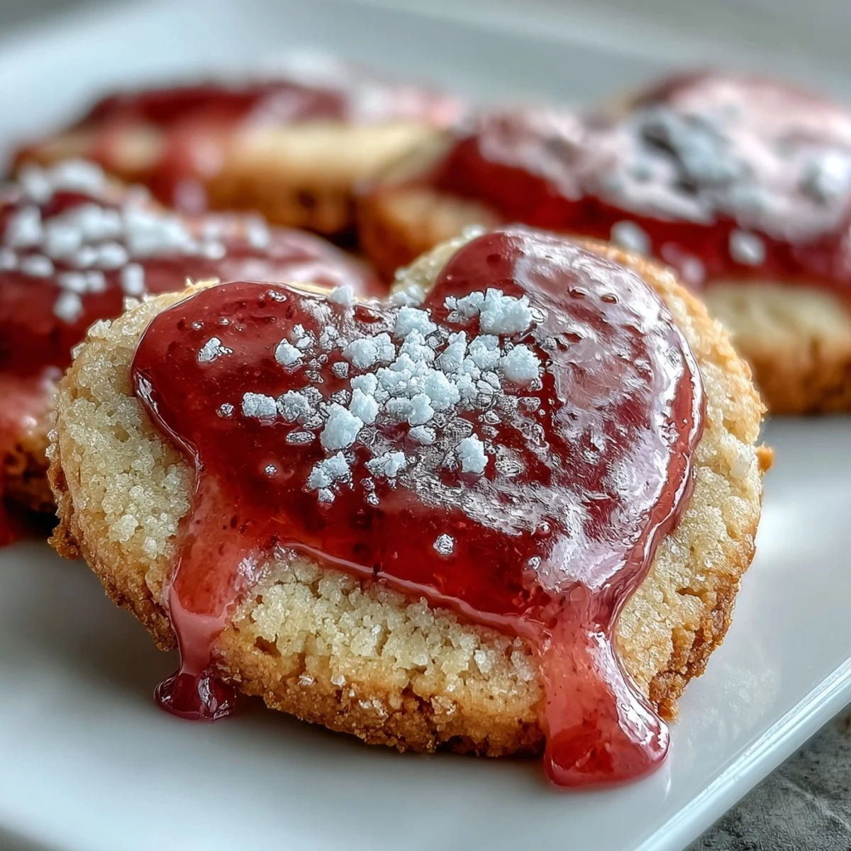 A batch of heart-shaped sugar cookies decorated with vibrant pink strawberry icing, perfect for Valentine's Day celebrations.
