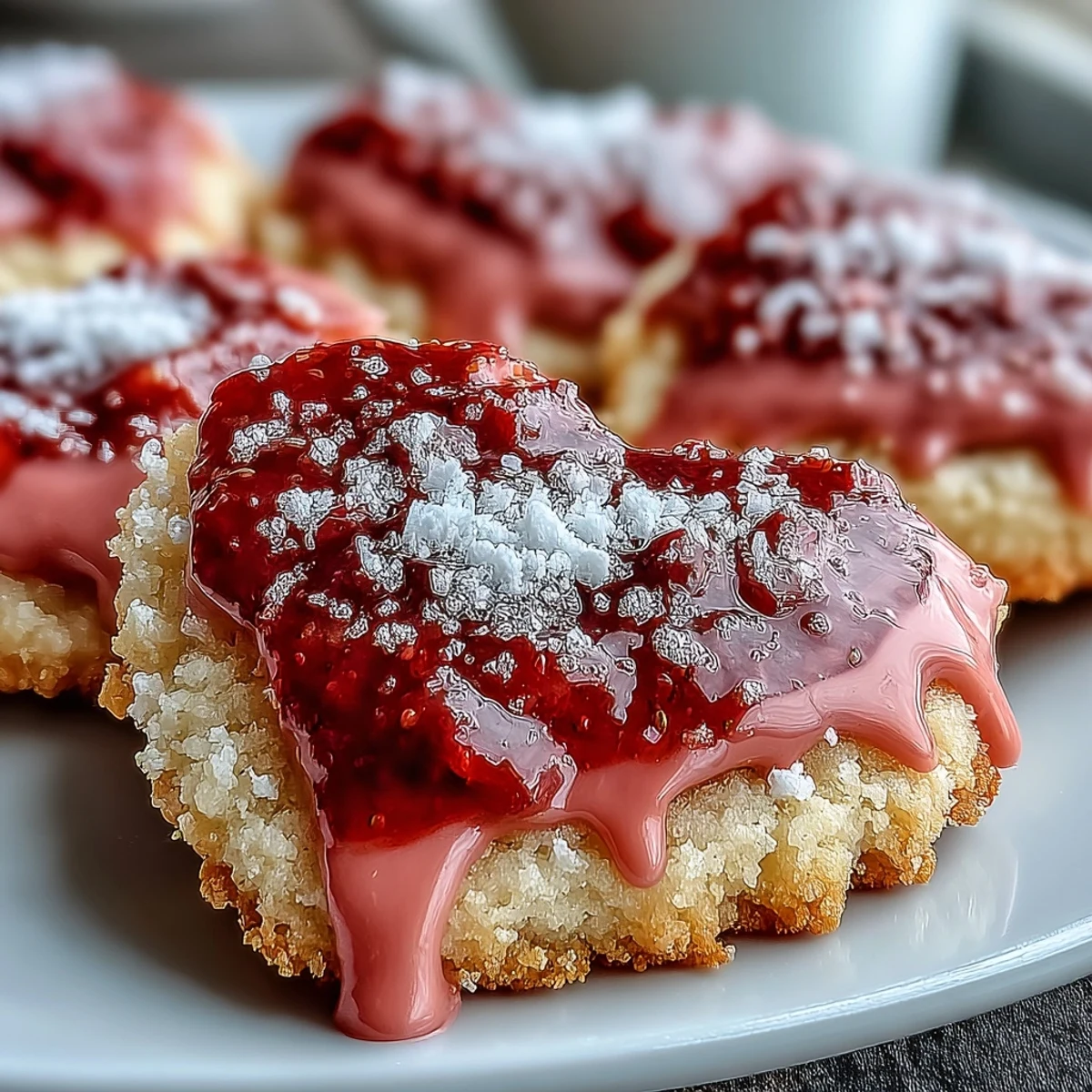 Delicate sugar cookies cut into romantic shapes and topped with glossy, naturally flavored strawberry icing for a festive treat.
