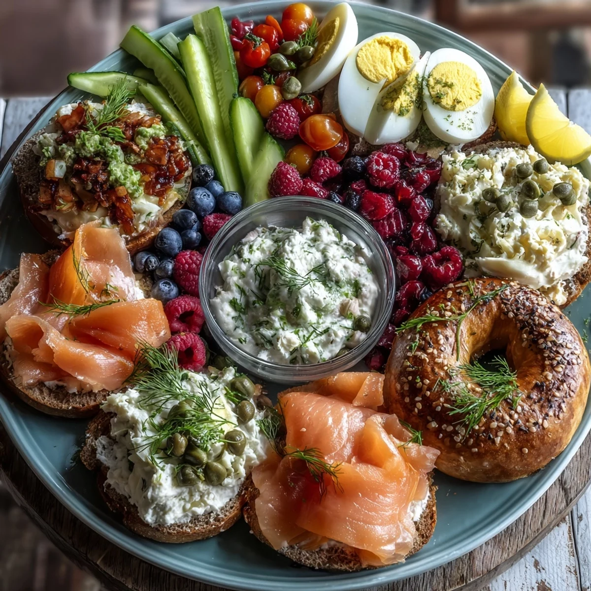 Colorful Galentines brunch platter featuring assorted bagels, silky smoked salmon, and vibrant berries arranged for easy grazing.  