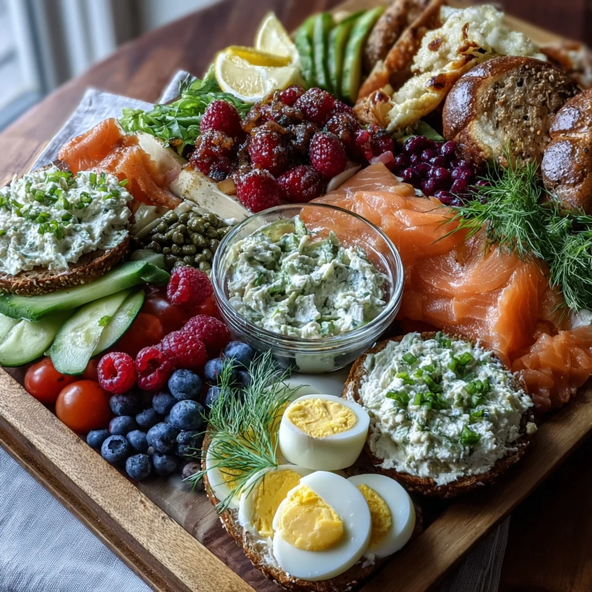 Charming Galentines brunch spread with lox, cream cheeses, and seasonal berries, designed for a joyful girls' gathering.