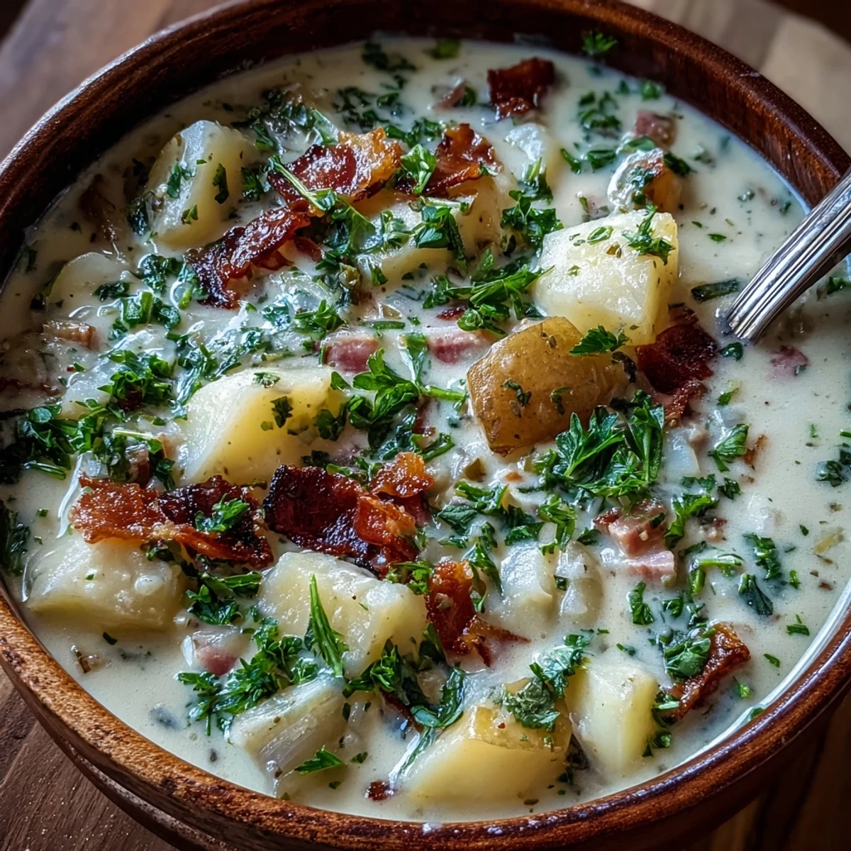A hearty bowl of ham and potato chowder with celery, corn, and fresh parsley, perfect for a cozy dinner.  