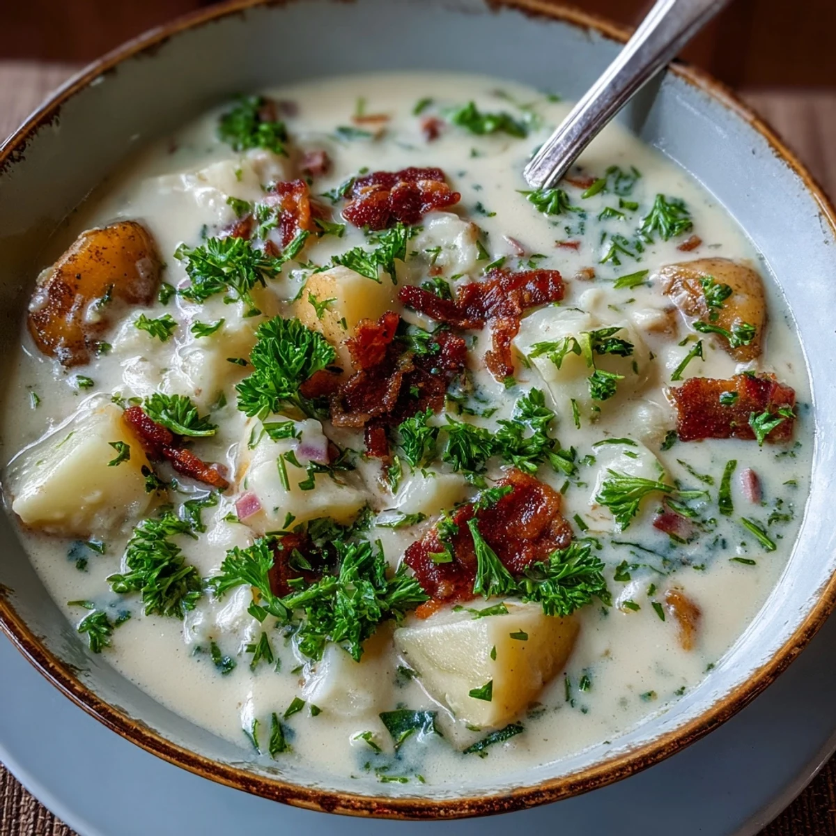Savory ham and potato chowder with golden potatoes, sweet corn, and crisp celery in a creamy, gluten-free soup.