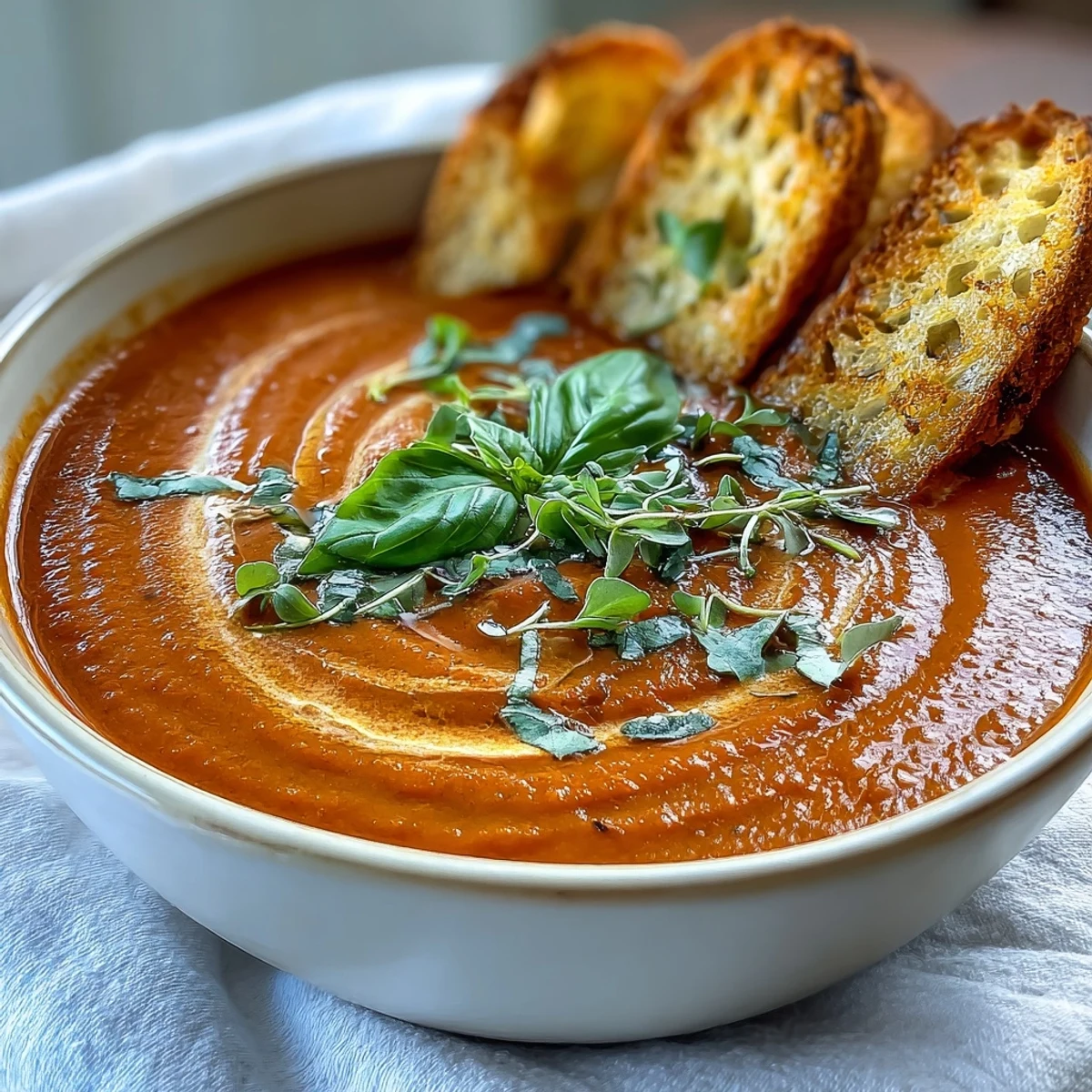 Velvety tomato basil soup with fresh herbs, served in a bowl with golden sourdough dippers for dipping and savoring.