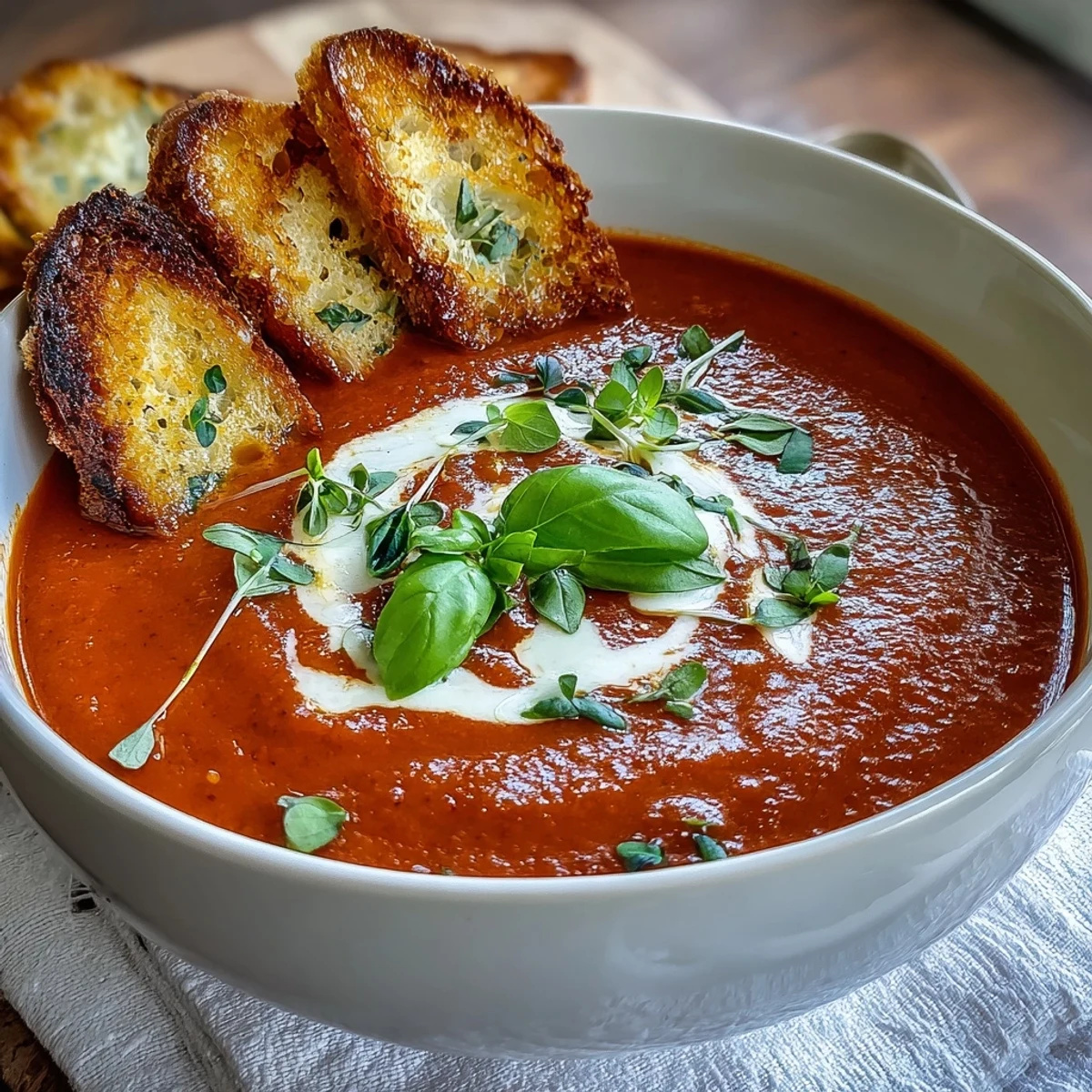 Rich tomato basil soup topped with cream swirls, paired with toasted sourdough dippers for a comforting, flavorful meal.