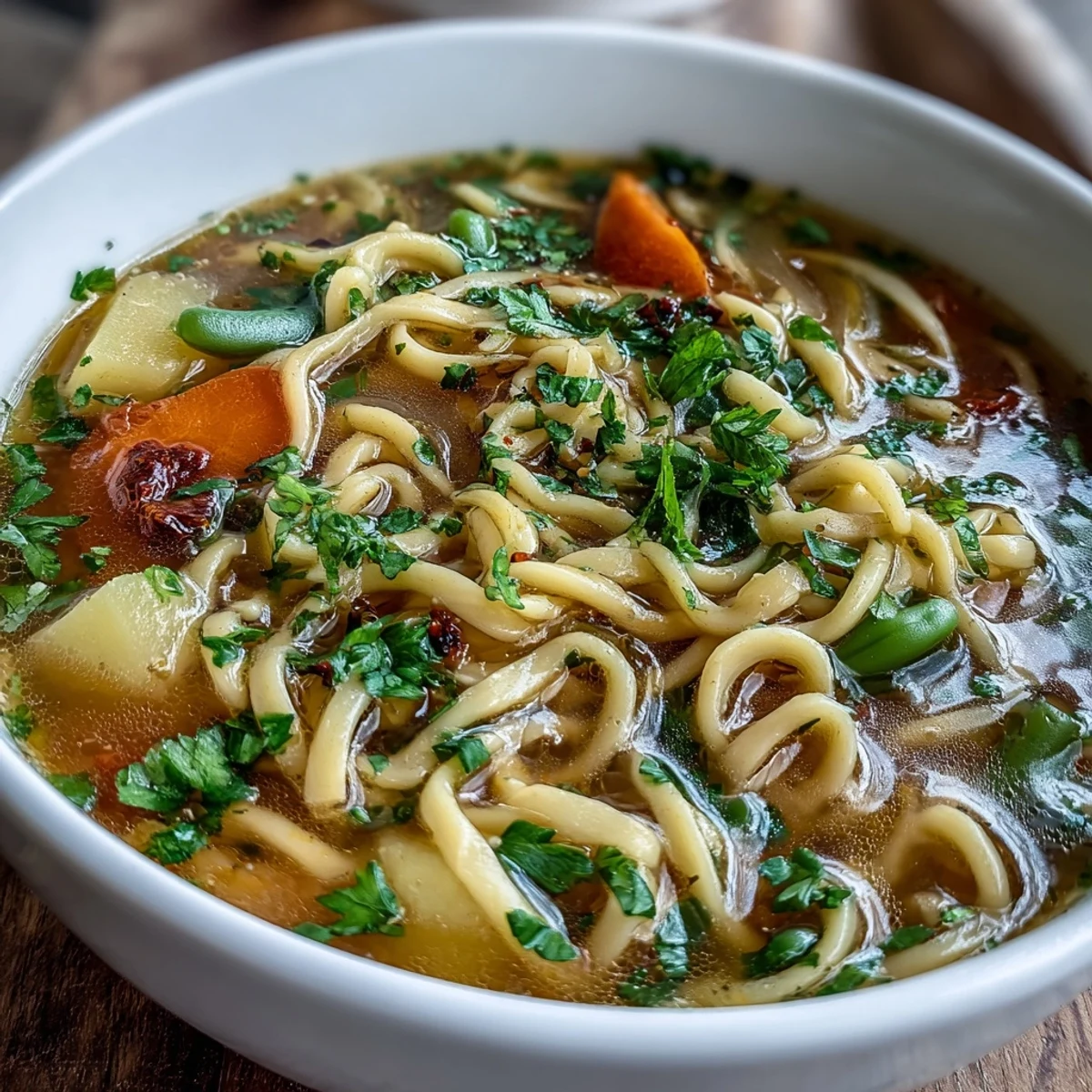 A steaming bowl of simple vegetable noodle soup filled with tender carrots, celery, and egg noodles on a cold day.
