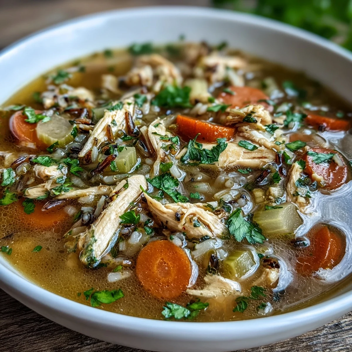 Hearty chicken and wild rice soup filled with sliced carrots, aromatic herbs, and chunks of juicy chicken, perfect for cold weather.