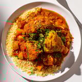 Close-up showcasing a tender Moroccan Chicken dish with Apricot Couscous and fresh cilantro garnish.