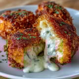 Golden and crispy funeral potatoes croquettes in the air fryer, cheesy mashed potato bites with a crunchy cornflake coating.