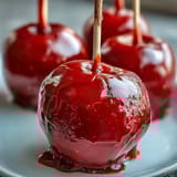 Shiny red candy apples on sticks, offering a crunchy bite and sweet shell that delights both kids and adults.