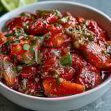 Fresh strawberry salsa with lime and jalapeño, bursting with sweet, zesty, and spicy flavors. Perfect for tacos or dipping with chips.