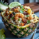 Thai-style pineapple fried rice with jasmine rice, juicy pineapple, and tender shrimp, garnished with fresh cilantro.  