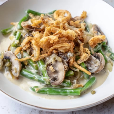 Creamy, classic Old-School Green Bean Casserole with golden crispy onions, perfect for a cozy Thanksgiving.